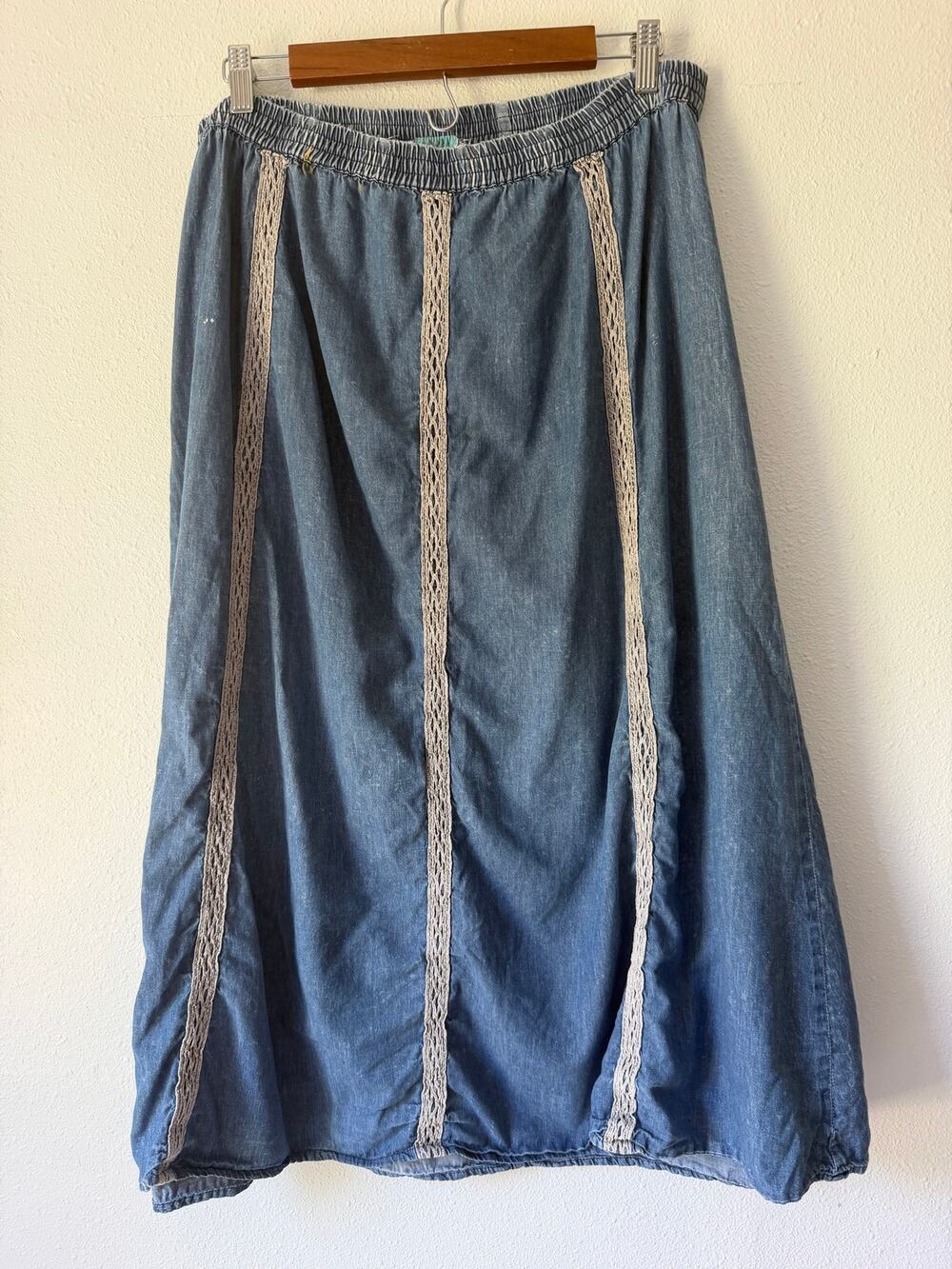Vintage Blue White Lace Trim Elastic Waist Cottagecore Denim Maxi Skirt Size XL